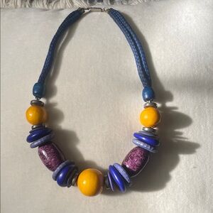 Source Unknown Purple and Blue Beaded Necklace with Yellow Accent